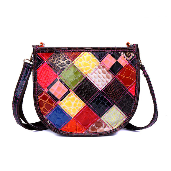 Women Vintage Patchwork Genuine Leather Creative Shoulder Bag Crossbody Bag