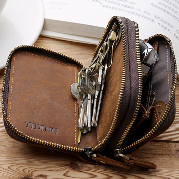 Vintage Genuine Leather Double Layers Key Bag Car Key Pouch Card Holder Clutch Bag