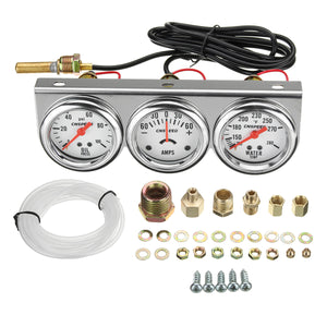 2 Inch 52mm Oil Pressure Water Temp Amp Meter Triple Gauge 3 in 1 Set Chrome Panel