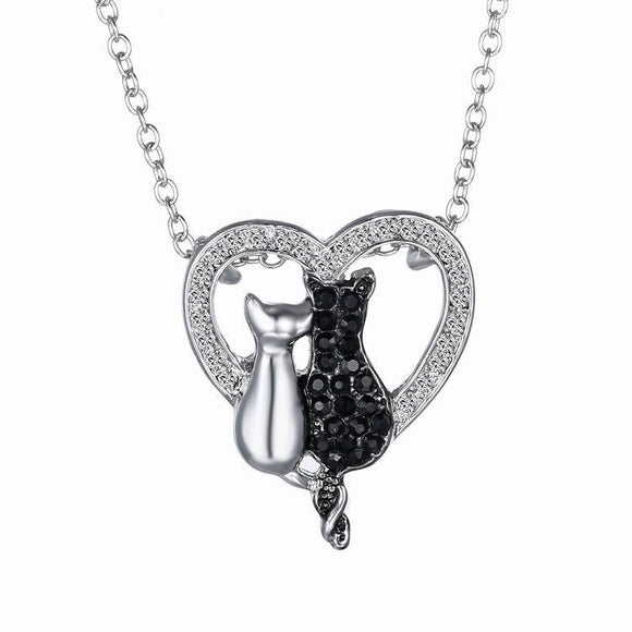 Lovely Couple Cats Heart Crystal Pendant Jewelry Women Necklace Gift