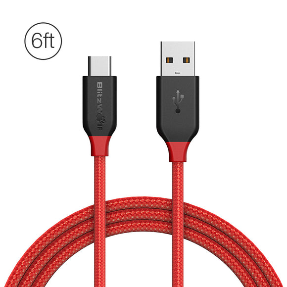 BlitzWolf AmpCore BW-TC6 3A USB Type-C Braided Charging Data Cable 6ft/1.8m With Magic Tape Strap