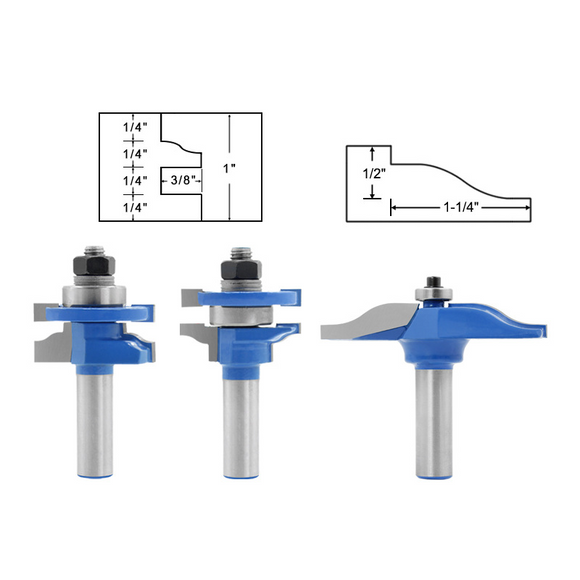 Drillpro 3Pcs 1/2 Inch Shank  Style and Rail Assemble Ogee Rasied Panel Router Bit Tennon Tongue and Groove Bits Woodworking Cabinet Door Bits