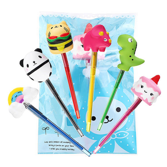 Squishy Pen Cap Panda Dinosaur Unicorn Cake Animal Slow Rising Jumbo With Pen Stress Relief Toys Student School Supplies Office Gift