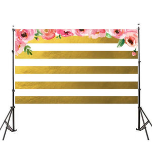 5x3FT 7x5FT Pink Flowers Gold White Stripes Photography Backdrop Studio Prop Background