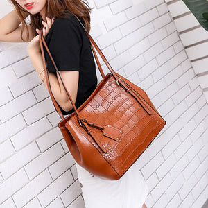 Women Crocodile Pattern Oil Wax Bucket Bag Solid Casual Shoulder Bag Handbag