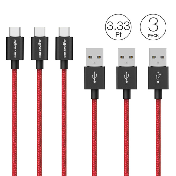 3 Pack BlitzWolf BW-TC1 3.33ft/1m 3A USB Type-C Braided Charging Data Cable With Magic Tape Strap