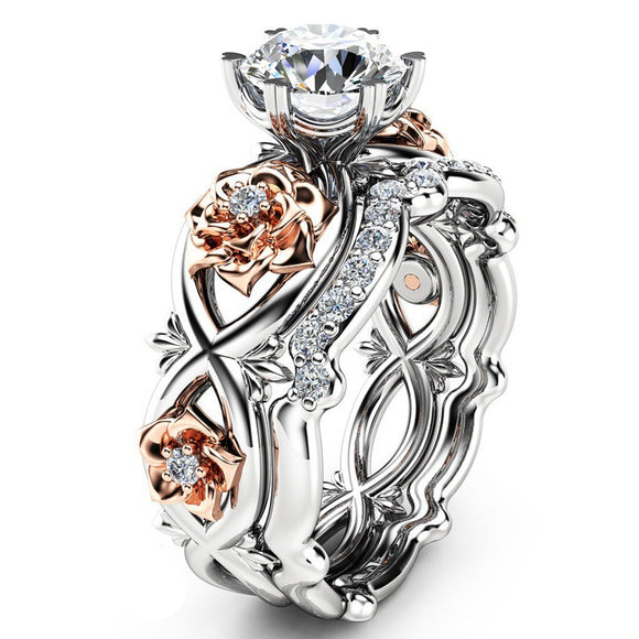 Elegant Zircon Inlaid Rose Gold Flower Heart Hollow Platinum Ring Set Gift for Women