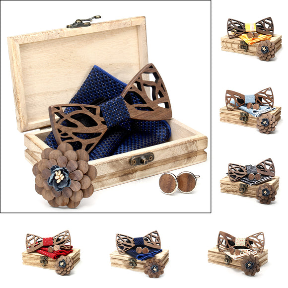 Handkerchief Cufflinks Set Wooden Bow Tie Bowknots for Wedding Pocket Square Hanky Cravat Decor Supplies