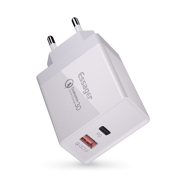 Essager 36W Type C PD Fast Charging Port + USB QC3.0 Quick Charging Dual Port Charger EU Plug Adapter For iPhone X XS MAX Xiaomi Mi8 Mi9 S10 S10+