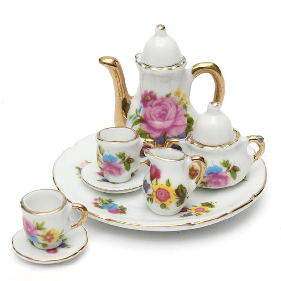 8pcs Porcelain Vintage Tea Sets Teapot Coffee Retro Floral Cups Doll House Decor Toy