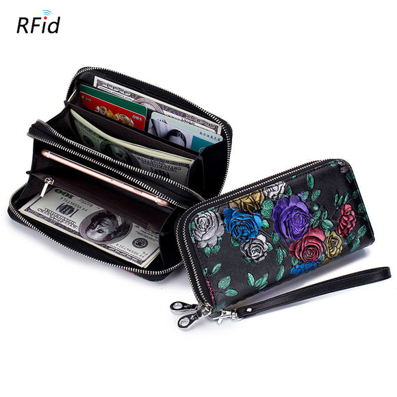 Women Print National Style Leather Long Wallet Card Holder Purse