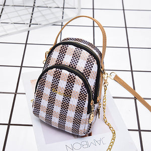 Women Leisure Plaid Pattern Chain Round Bag Shoulder Bag Crossbody Bag Phone Bag