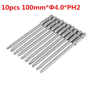 10pcs 100mm*4.0*PH2 Hex Shank Cross Head Magnetic Screwdriver Bits Set