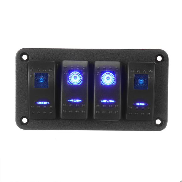 4-Gang Blue LED Rocker Switch Panel DC 12V 24V IP67 Waterproof For Vehicle Yacht Ship Caravan Truck