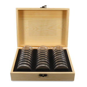 Coin Display Holder Storage Box Wooden Case With 30Pcs 51.5mm Round Slab Certified Capsules