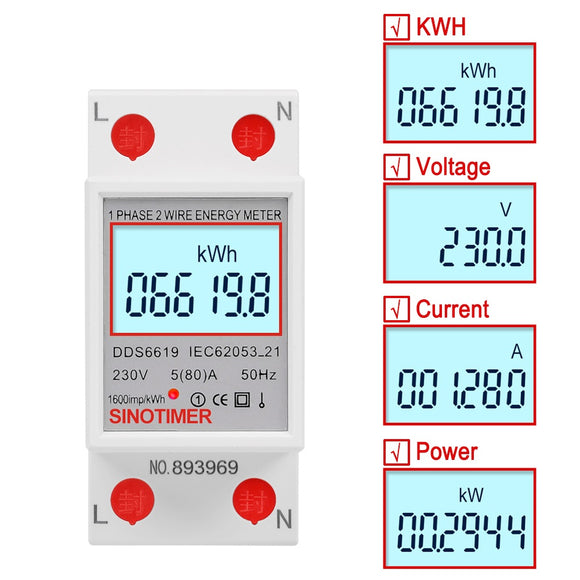 SINOTIMER DDS6619-008 230V Multi-function Backlight Display Single-phase Rail Type 2P Electronic Watt-hour Meter