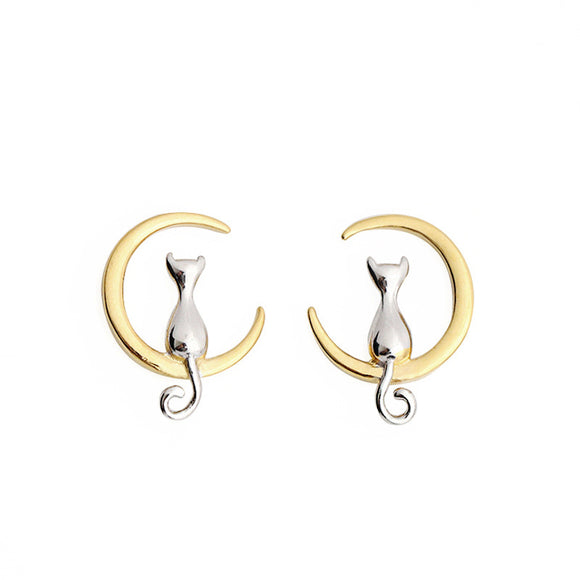 925 Sterling Silver Cute Cat Moon Animal Stud Earrings Gift for Women