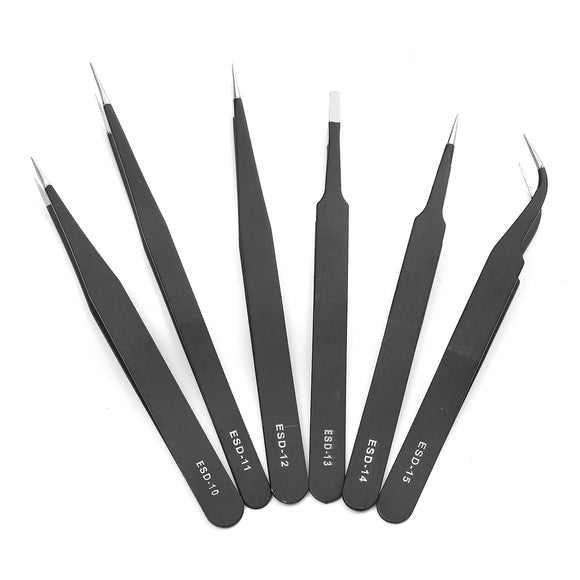 DANIU 6Pcs Safe Anti-static Tweezers Maintenance Repair Nippers Forceps Tools Kit ESD10-15