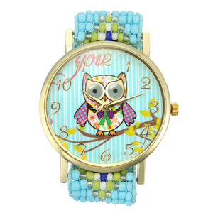 Custom Folk Style Cartoon Owl Pattern Alloy Case Cute Casual Women Quartz Wrist Watch