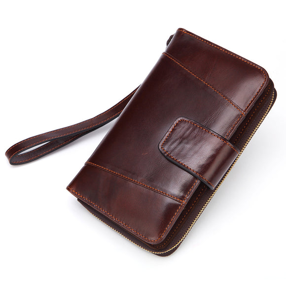 Men Genuine Leather Oil Wax Large Capacity Business Long Wallet