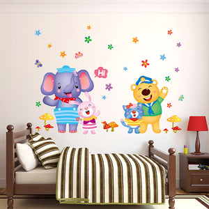 Lovely Kids Room Decor Cartoon Happy Elephant Bear Wall Sticker