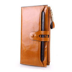 Women Men Genuine Leather Luxury Long Wallet Oil Wax Purse Card Holder Phone Bags