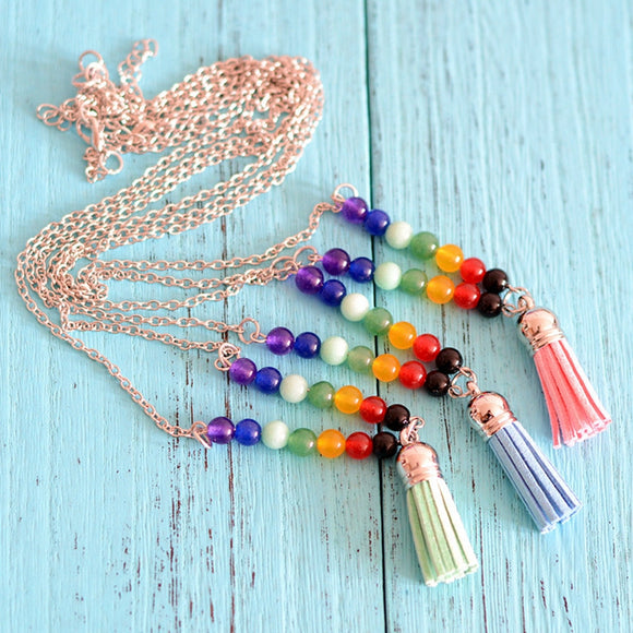 Trendy Natural Stone Colorful Buddha Beads Tassel Pendant Long Necklace for Women