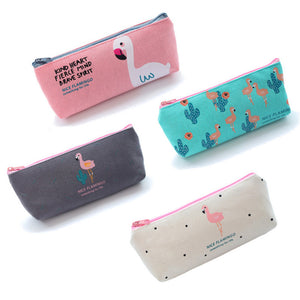 Mrosaa Cute Flamingo Canvas Pencil Case Small Fresh Zipper Large Capacity Pen Bag School Stationery