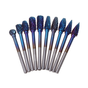 10Pcs 3mm Shank Blue Nano Rotary Burrs Set 6mm Head Tungsten Carbide Grinding Head Rotary File Set