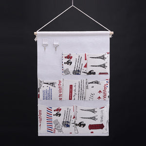 Cotton Linen Waterproof Wall Hanging Storage Bag Cartoon Printed Organizer Decor