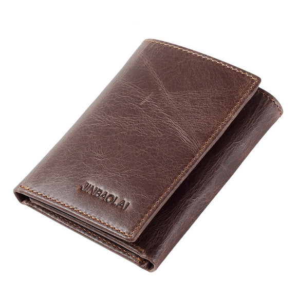 JINBAOLAI Men Genuine Leather Minimalist Tri-fold Wallet Classic Vintage Multicard Card Holder