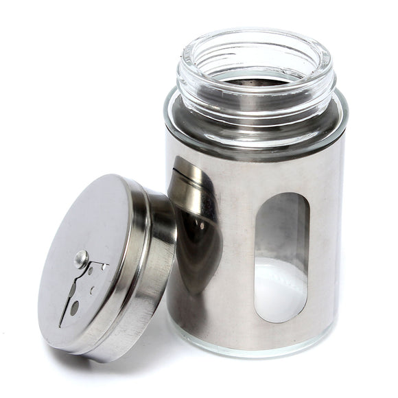 Stainless Steel Glass Spice Shaker Empty Jar Condiment Salt Pepper Kitchen Storage Adjustable Cap