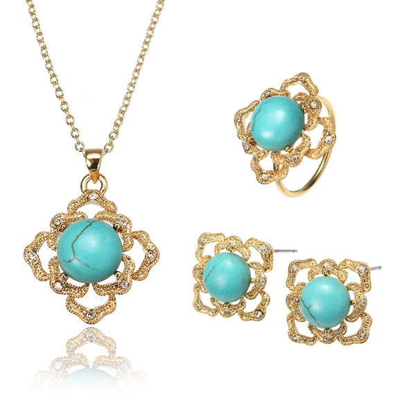 JASSY Elegant 18K Gold Plated Turquoise Jewelry Set Vintage Necklace Ring Earrings for Women