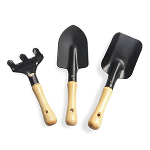 3Pcs Mini Hand Garden Tool Set Plant Gardening Shovel Spade Rake Trowel Wood Handle Metal Head