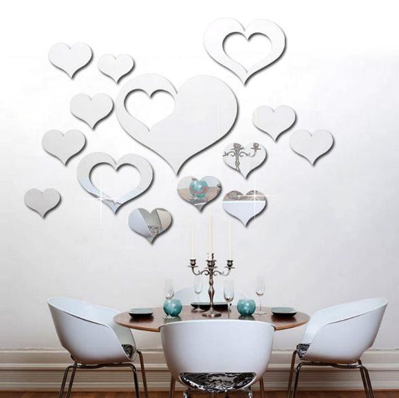 3D Heart Silver DIY Shape Mirror Wall Stickers Home Wall Bedroom Background Office Decor