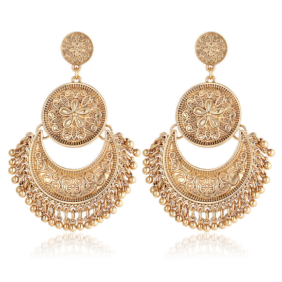 Retro Ethnic Tassel Alloy Flower Moon Drop Dangle Earrings Jewelry for Women