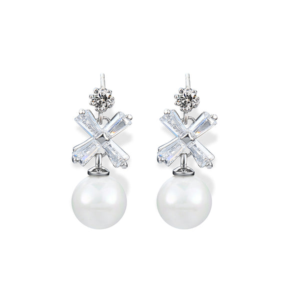 Elegant Women Piercing Earrings Artificial Pearl Shiny Zircon Cross Flower Pendant Ear Stud Gift