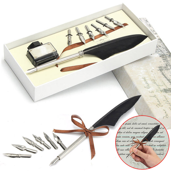 Antique Goose Feather Quill Dip Wedding Signing Pen & Ink with 6 Nibs Set Gift Box