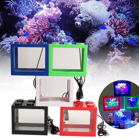 Mini USB LED Light Clear Fish Tank Mini Aquarium Box Bettas Office Desktop Decor