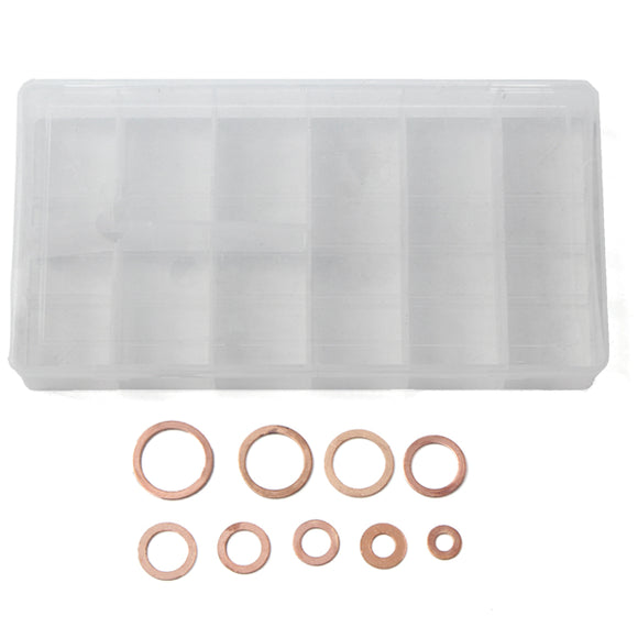 400Pcs Solid Copper Washers Sump Plug Assorted Washer Set Plastic Box 9 Sizes