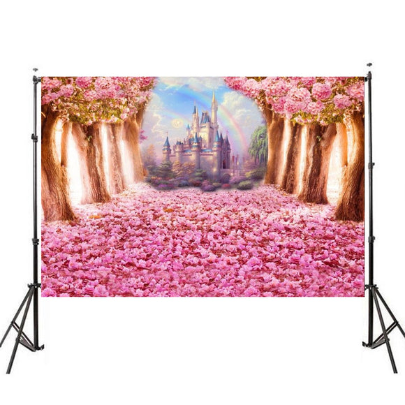 5x7FT 3x5FT Pink Flower Road Tree Castle Photography Backdrop Background Studio Prop