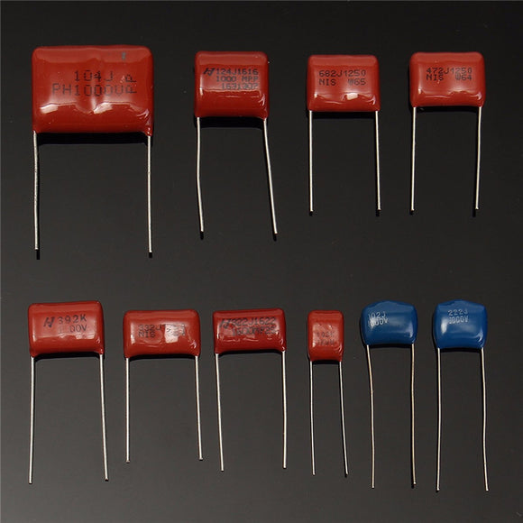 100Pcs 10 Values 1000V 0.001uf~0.12uf CBB Metal Film Capacitors Assortment Kit