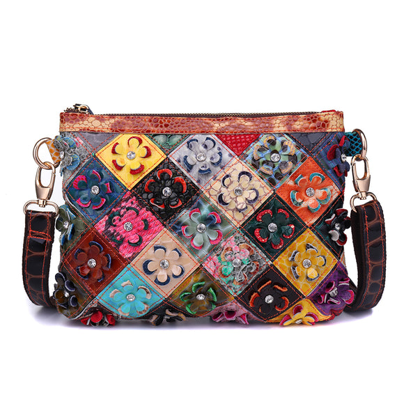 Women Genuine Leather Flower Decorational Patchwork Shoulder Bag Designer Crosbsody Bag