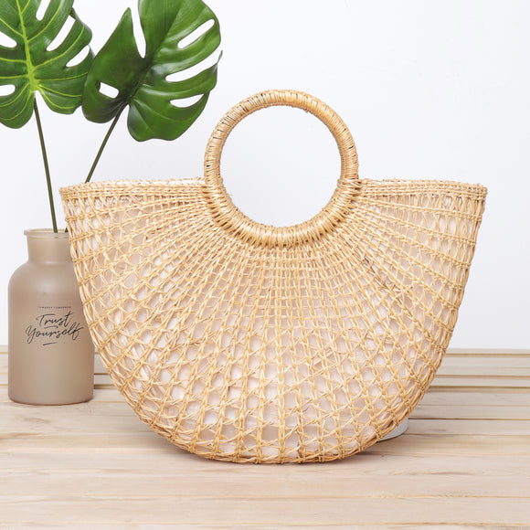 Women Hollowed Yellow Moon Bag Leisure Straw Bag Grass Hand-woven Beach Bag Handbag