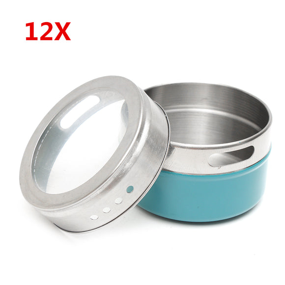 12Pcs Stainless Steel Magnetic Spice Tins Storage Container Jars with Clear Lid