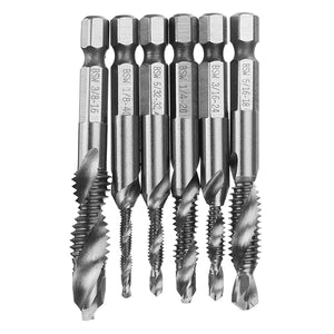 Drillpro 6pcs 1/8-3/8 Inch BSW Thread HSS Combination Drill Tap Bit Set Hex Shank Deburr Countersink Bits