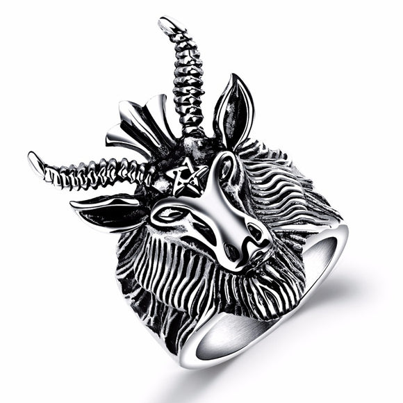 Punk Pentagram Satan Rams Stainless Steel Men Gothic Long Horn Zodiac Sheep Head Ring