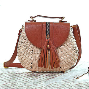 Women Travel Straw Beach Bags Tassel Patchwork Crossbody Bag