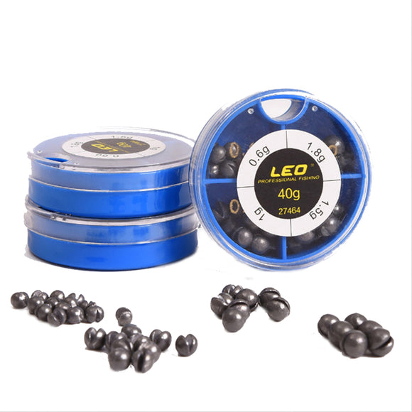 LEO 40g 4 Sizes 0.6g, 1g, 1.5g, 1.8g Lead Sinkers Plastic Box Water Droplets Sinking Fishing Tool