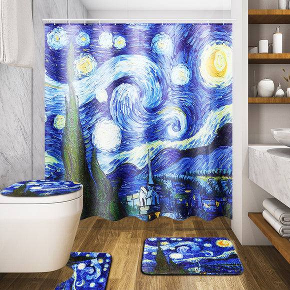 180x180cm The Starry Night Pattern Bathroom Waterroof Shower Curtains Toliet Mat 12 Hooks